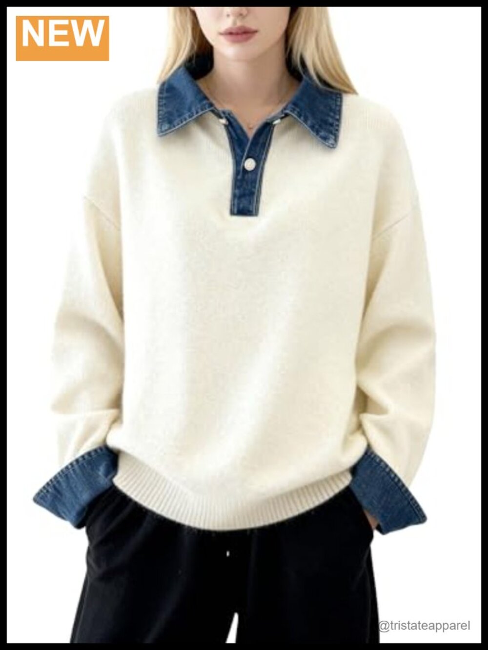 Polo Sweater 2 in 1 Denim Collar Knit Top Cotton Blend Long Sleeve